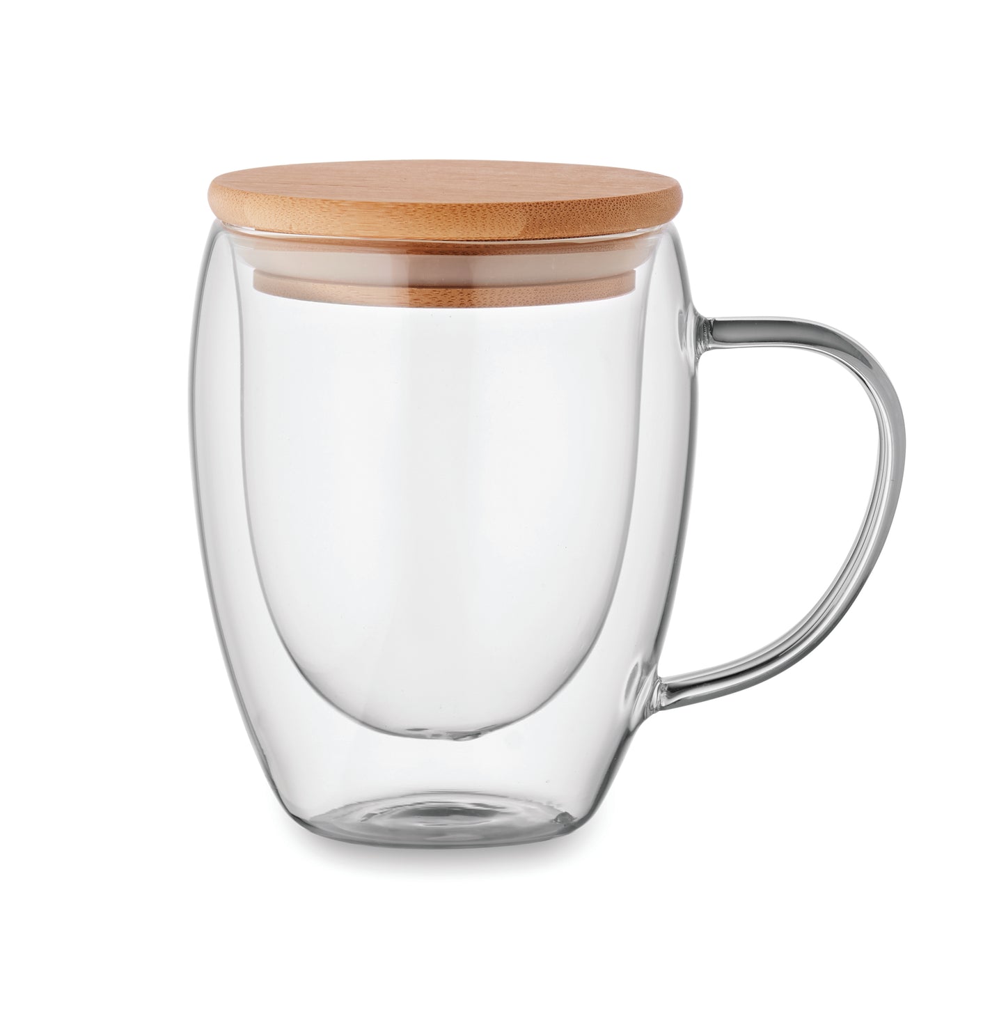 Doppelwandiges Borosilikatglas mit Henkel. Deckel aus Bambus. Füllmenge: 250 ml.