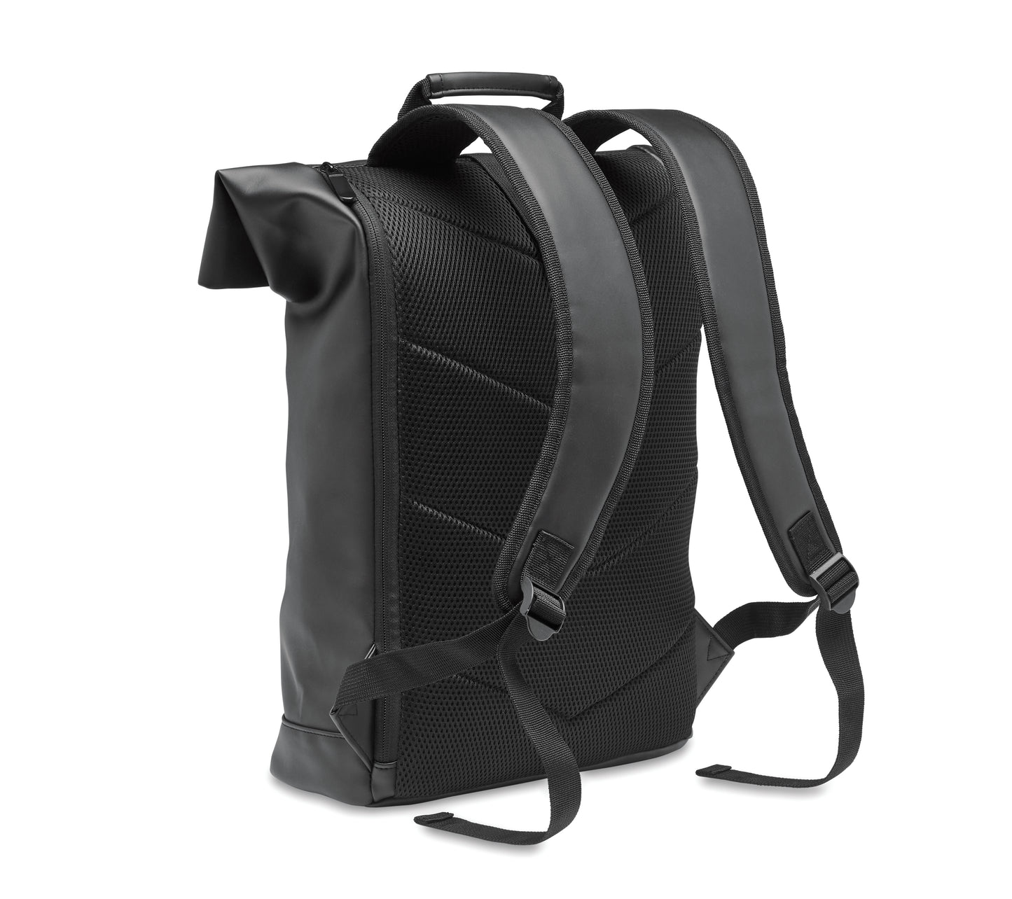 Rucksack mit Rollverschluss aus weichem PU. 15'''' Laptop Fach. Große Fronttasche mit