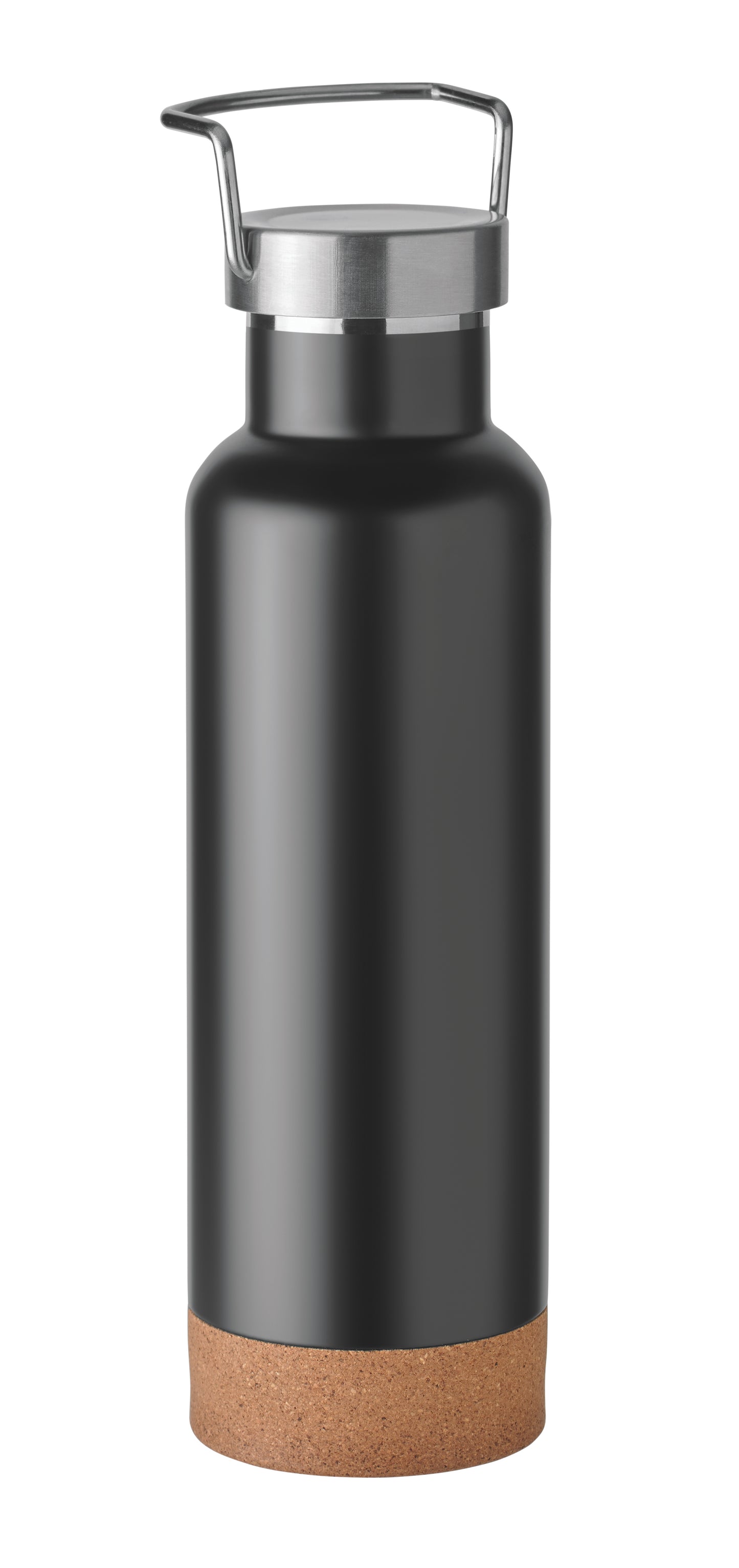 Doppelwandige Flasche aus recyceltem Edelstahl. Deckel mit Henkel und Korkboden. Auslaufsicher. Füllmenge: