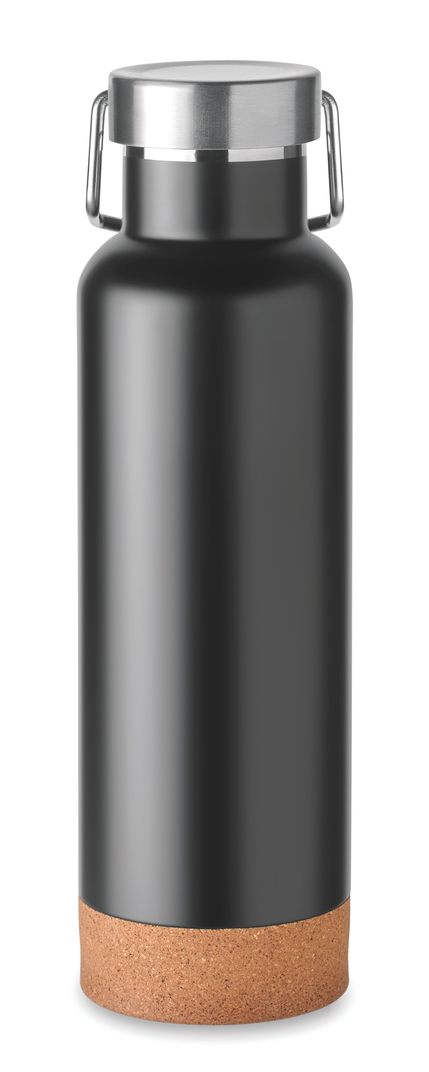 Doppelwandige Flasche aus recyceltem Edelstahl. Deckel mit Henkel und Korkboden. Auslaufsicher. Füllmenge: