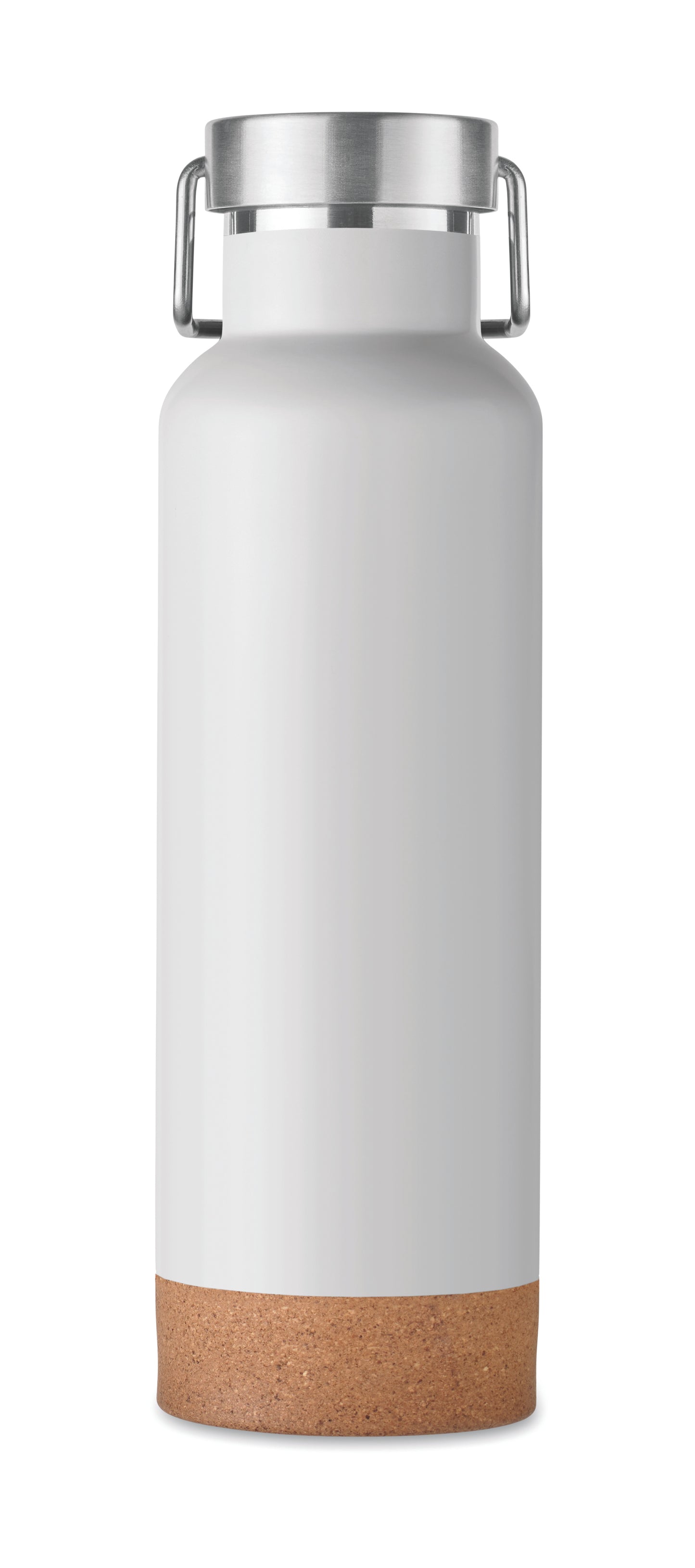 Doppelwandige Flasche aus recyceltem Edelstahl. Deckel mit Henkel und Korkboden. Auslaufsicher. Füllmenge: