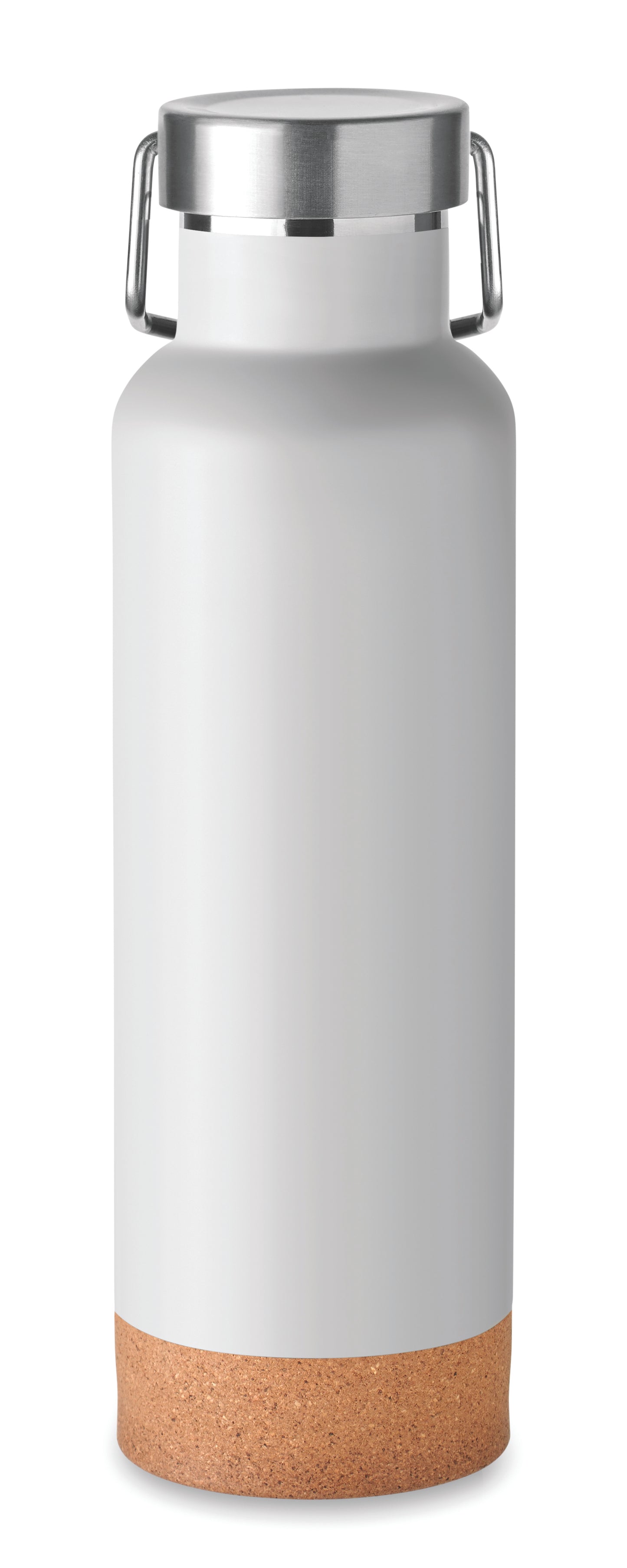 Doppelwandige Flasche aus recyceltem Edelstahl. Deckel mit Henkel und Korkboden. Auslaufsicher. Füllmenge: