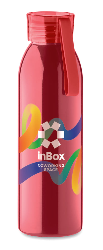 Einwandige Trinkflasche aus Edelstahl mit PP-Deckel und Silikonaufhänger. Füllmenge: 650 ml. Da