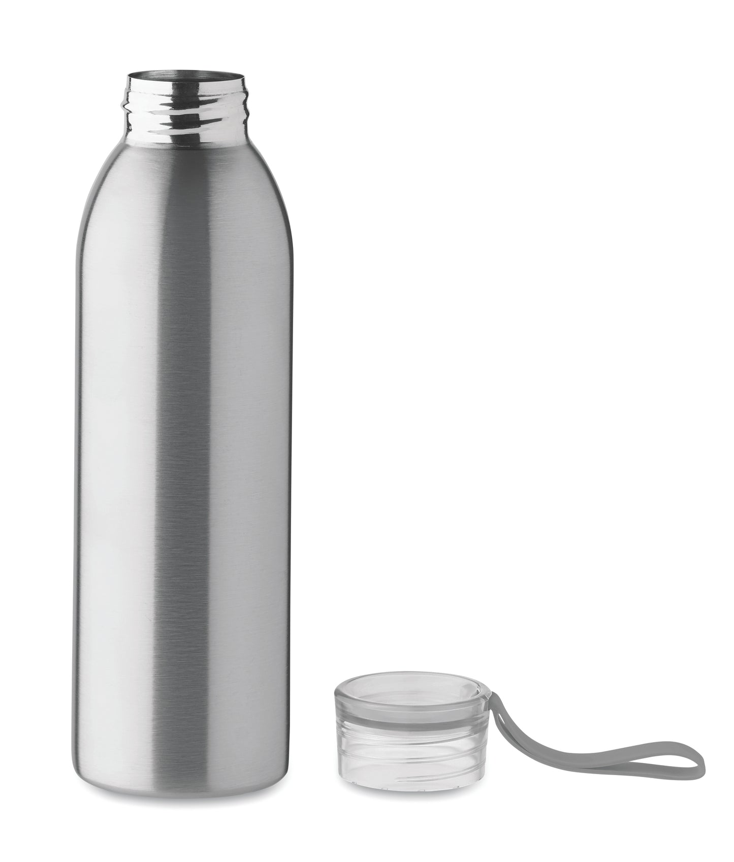 Einwandige Trinkflasche aus Edelstahl mit PP-Deckel und Silikonaufhänger. Füllmenge: 650 ml. Da