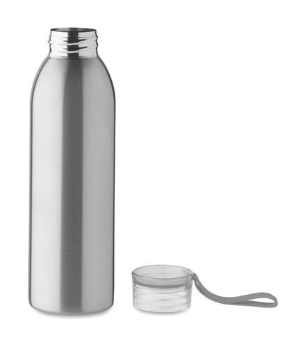 Einwandige Trinkflasche aus Edelstahl mit PP-Deckel und Silikonaufhänger. Füllmenge: 650 ml. Da