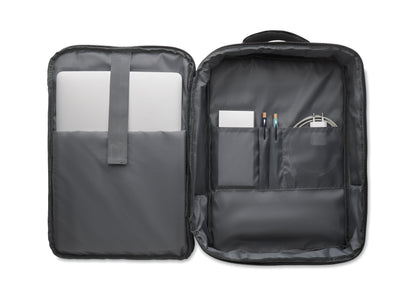 Schlanker 15'''' Laptop-Rucksack aus 300D RPET mit 210D RPET-Futter. Laptopfach 2 Innentaschen