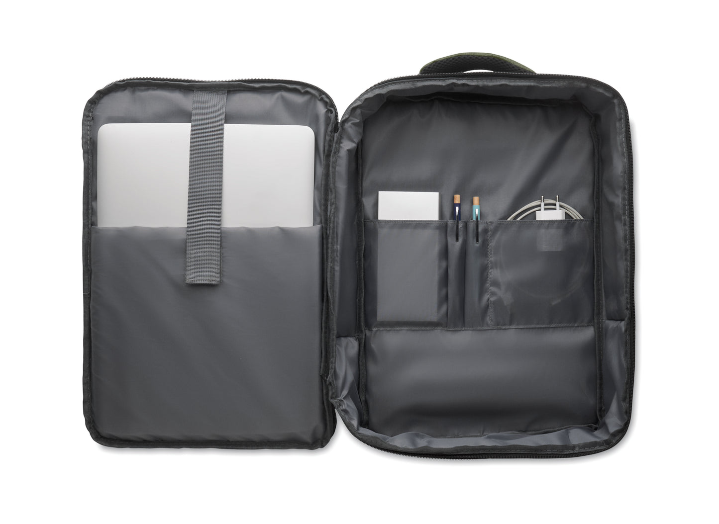 Schlanker 15'''' Laptop-Rucksack aus 300D RPET mit 210D RPET-Futter. Laptopfach 2 Innentaschen