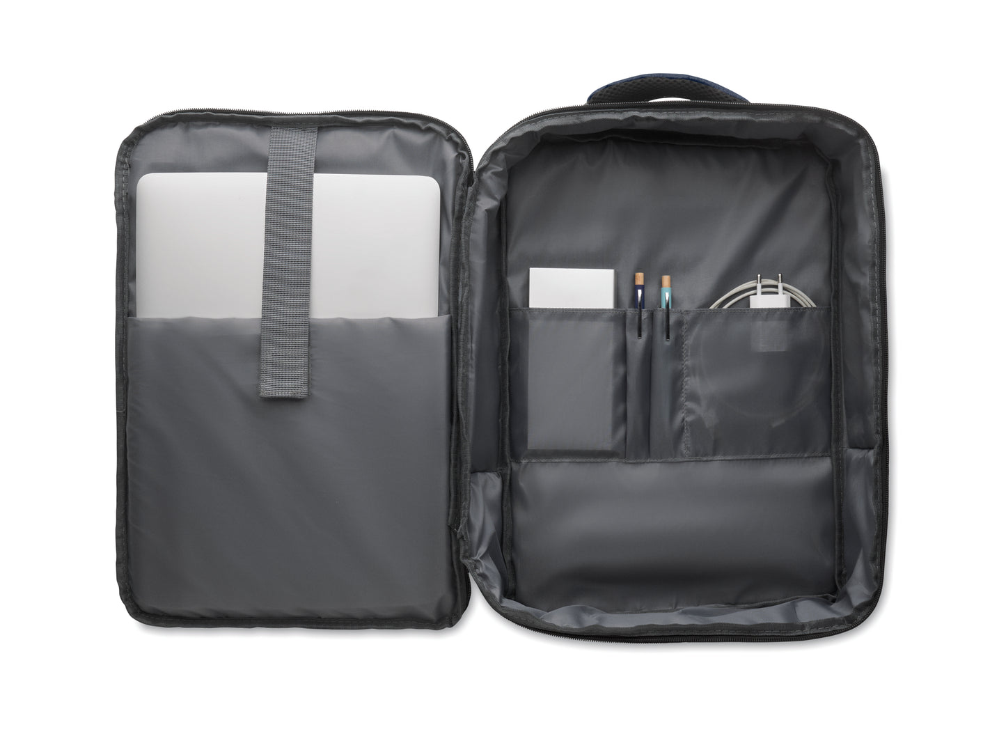 Schlanker 15'''' Laptop-Rucksack aus 300D RPET mit 210D RPET-Futter. Laptopfach 2 Innentaschen