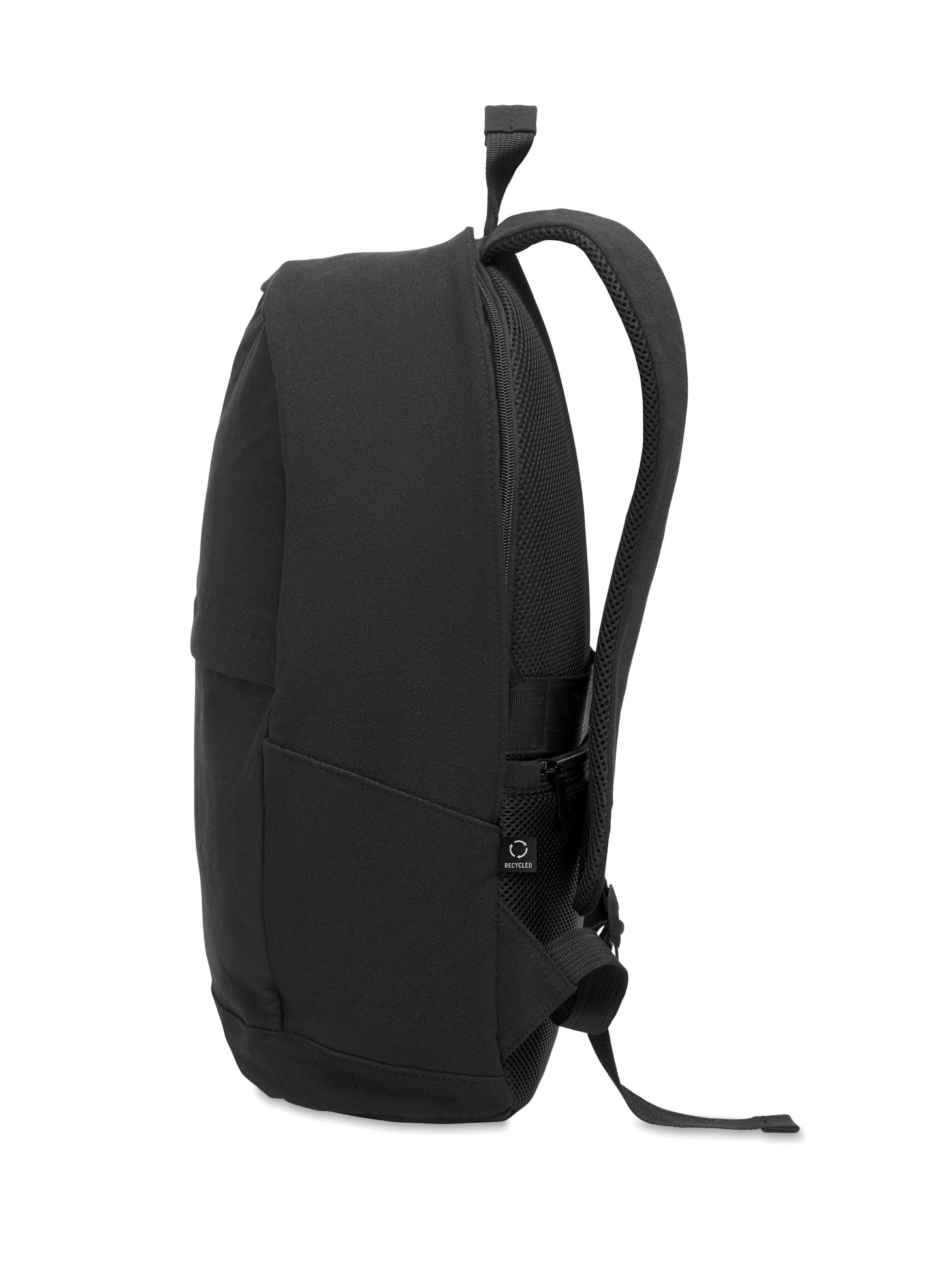 15'''' Laptop-Rucksack aus recycelter Baumwolle (70%) und recyceltem Polyester (30%). Zwei Reißverschlusstaschen.