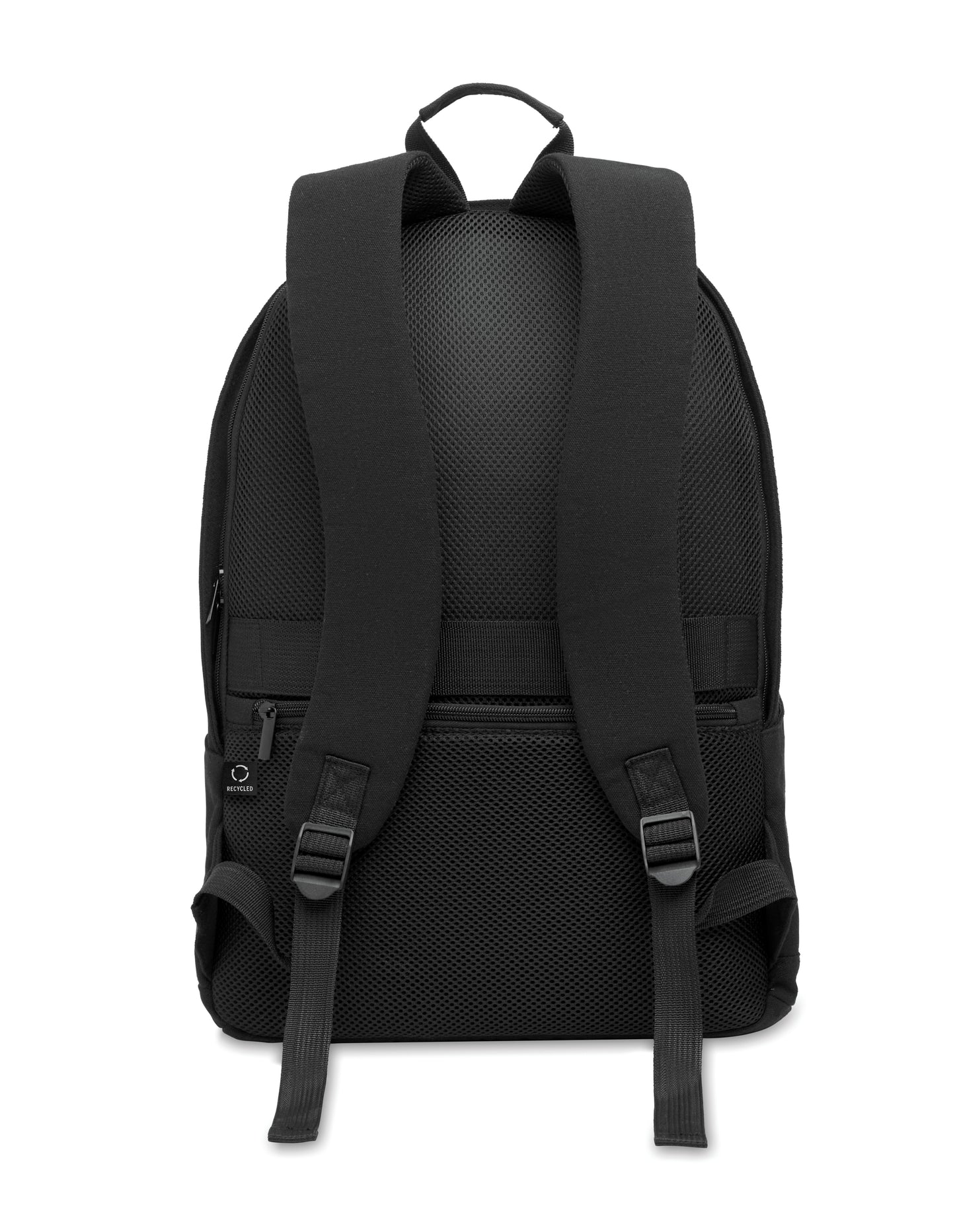 15'''' Laptop-Rucksack aus recycelter Baumwolle (70%) und recyceltem Polyester (30%). Zwei Reißverschlusstaschen.