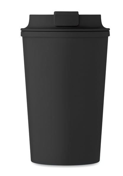 Doppelwandiger Becher aus 100% PLA-Mais mit Trinkdeckel aus PP. Innenauskleidung aus TPR.