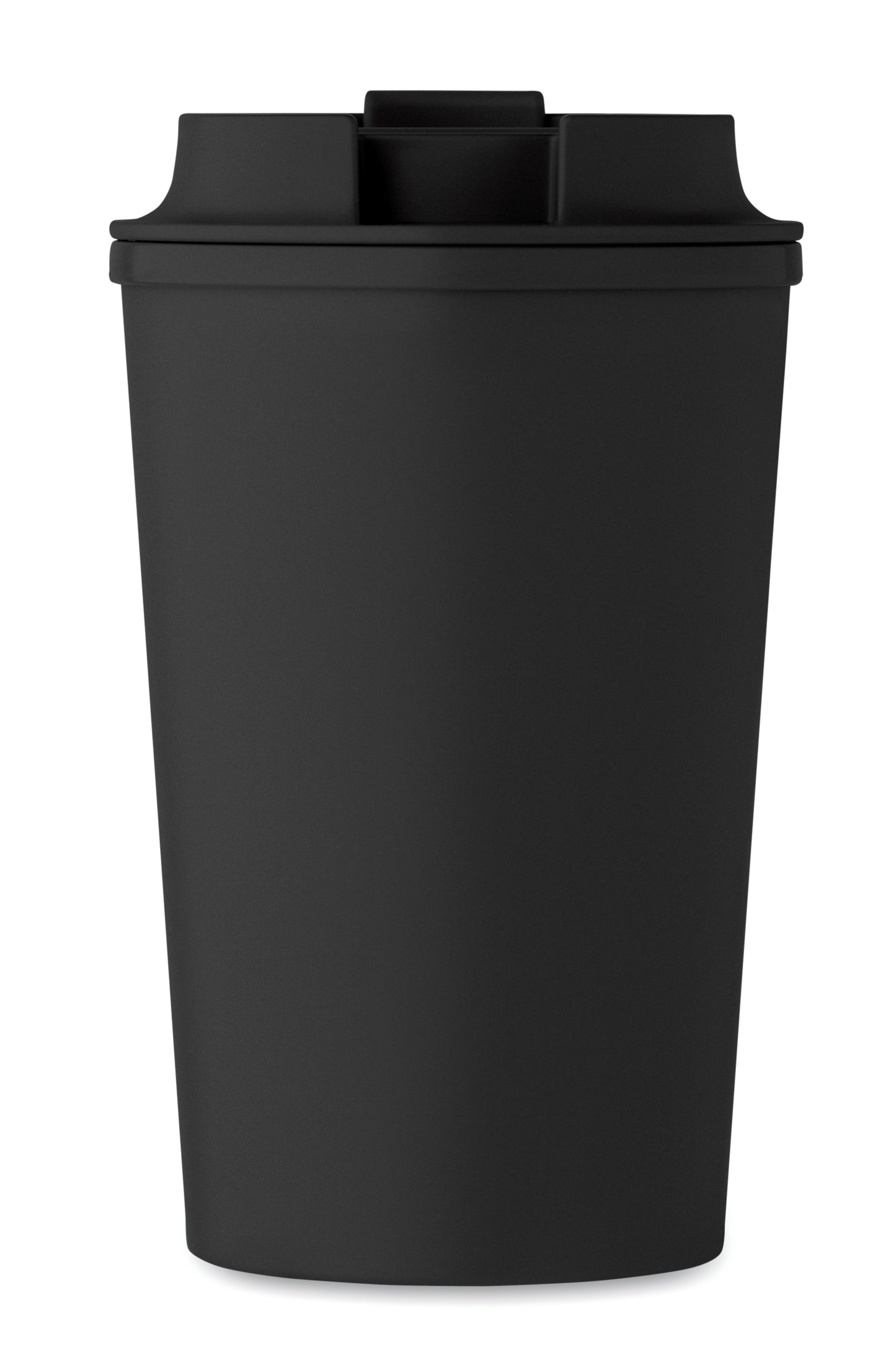 Doppelwandiger Becher aus 100% PLA-Mais mit Trinkdeckel aus PP. Innenauskleidung aus TPR.