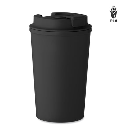 Doppelwandiger Becher aus 100% PLA-Mais mit Trinkdeckel aus PP. Innenauskleidung aus TPR.