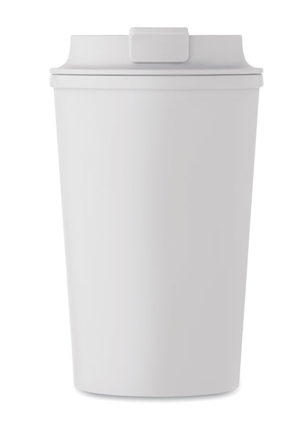 Doppelwandiger Becher aus 100% PLA-Mais mit Trinkdeckel aus PP. Innenauskleidung aus TPR.