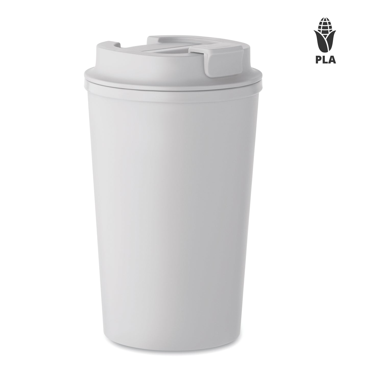 Doppelwandiger Becher aus 100% PLA-Mais mit Trinkdeckel aus PP. Innenauskleidung aus TPR.