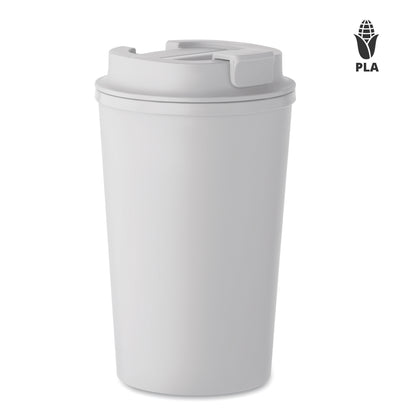 Doppelwandiger Becher aus 100% PLA-Mais mit Trinkdeckel aus PP. Innenauskleidung aus TPR.