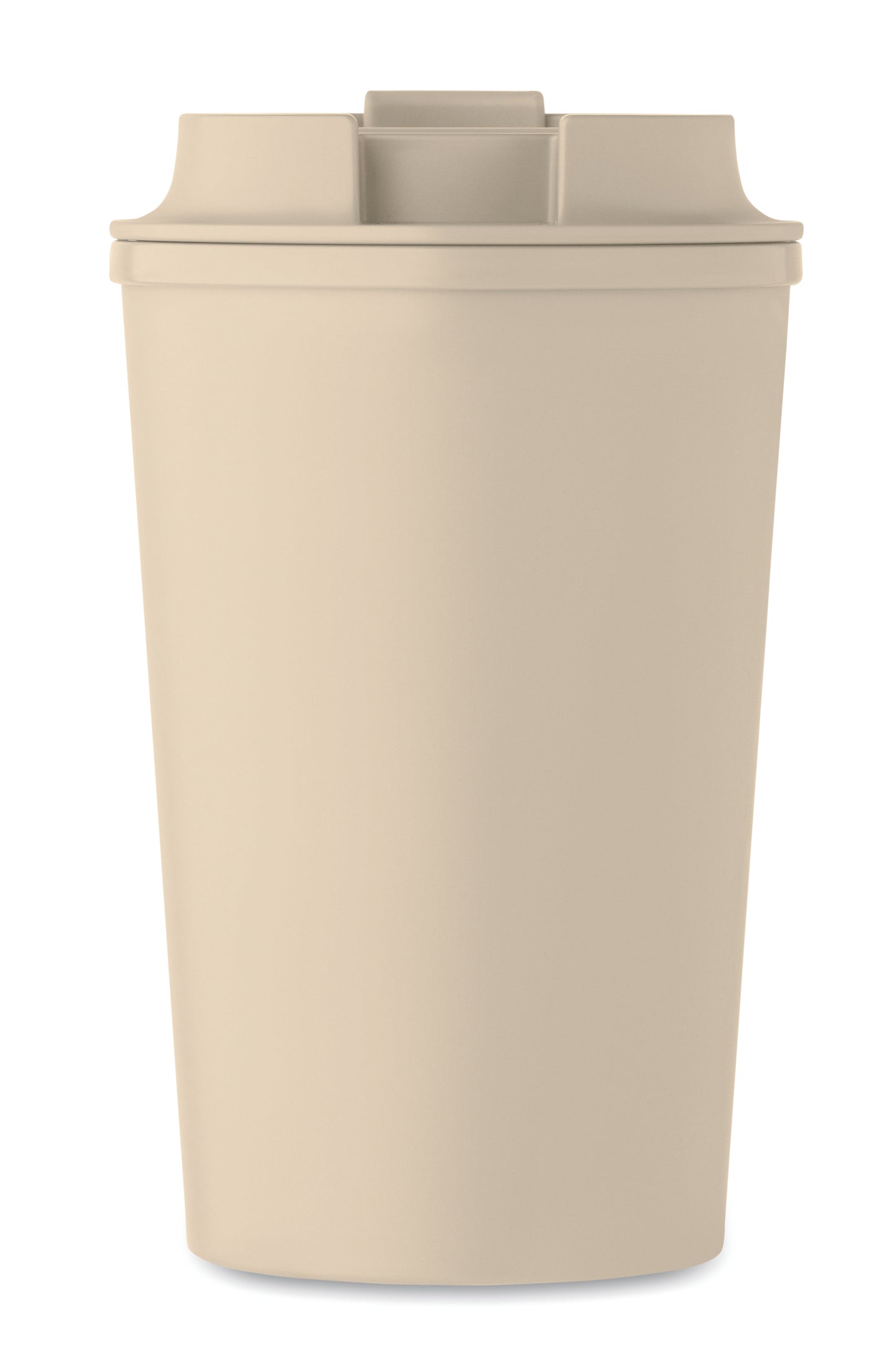 Doppelwandiger Becher aus 100% PLA-Mais mit Trinkdeckel aus PP. Innenauskleidung aus TPR.