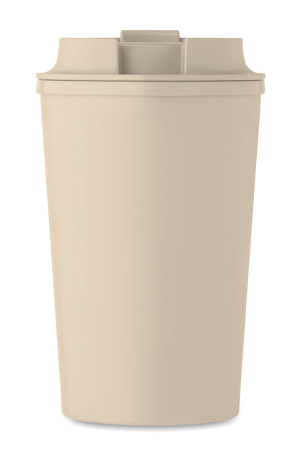 Doppelwandiger Becher aus 100% PLA-Mais mit Trinkdeckel aus PP. Innenauskleidung aus TPR.