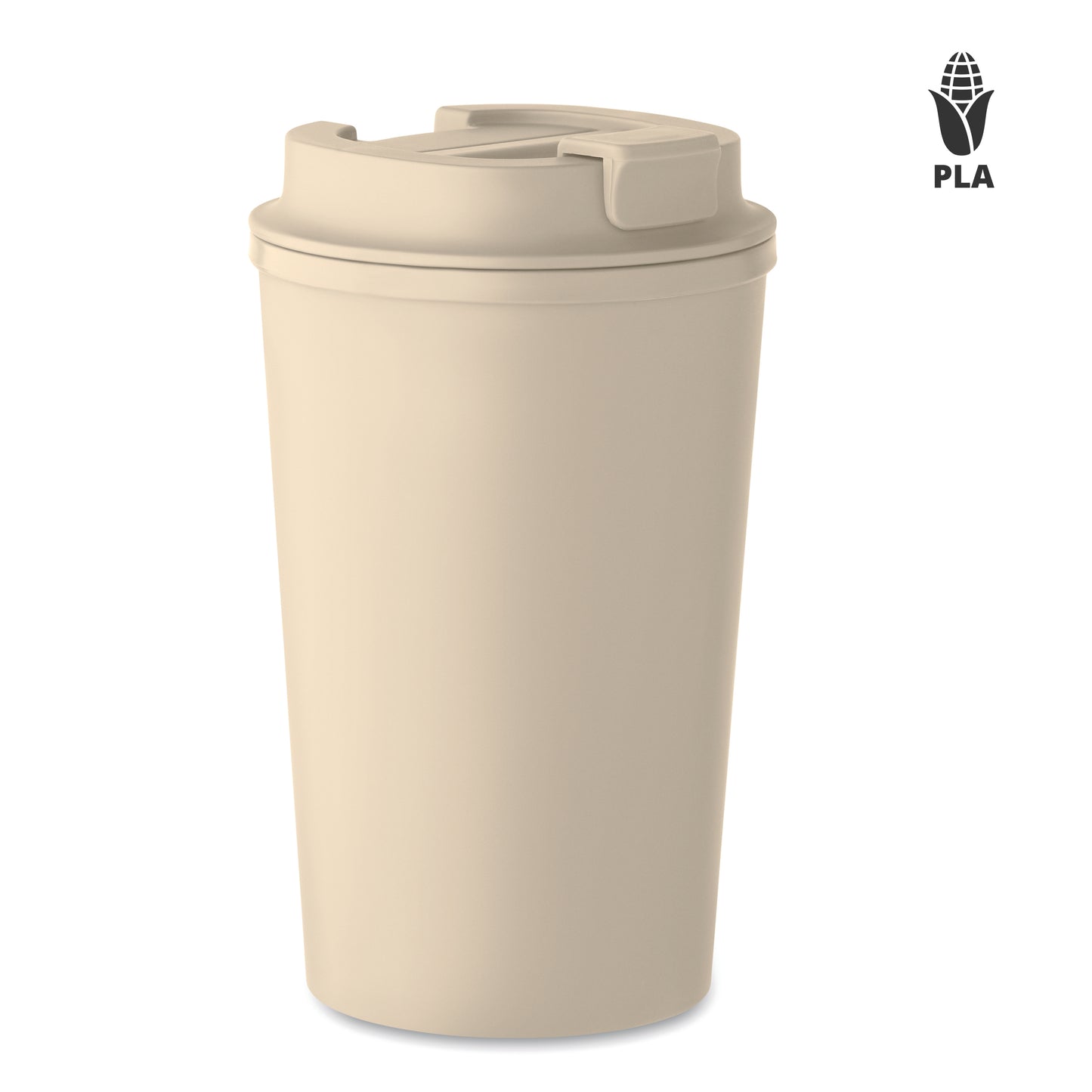 Doppelwandiger Becher aus 100% PLA-Mais mit Trinkdeckel aus PP. Innenauskleidung aus TPR.