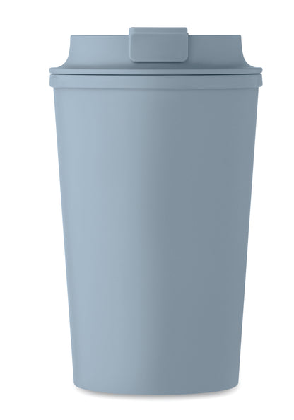 Doppelwandiger Becher aus 100% PLA-Mais mit Trinkdeckel aus PP. Innenauskleidung aus TPR.
