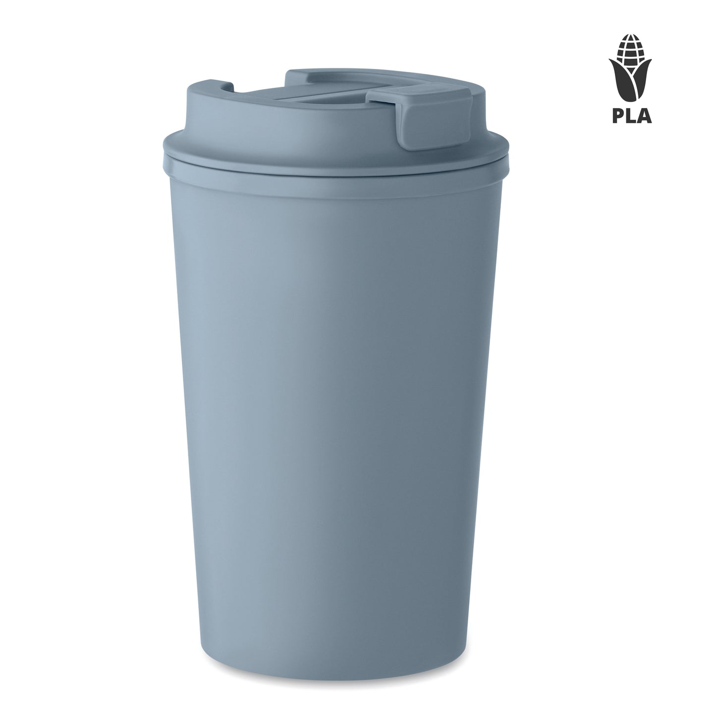 Doppelwandiger Becher aus 100% PLA-Mais mit Trinkdeckel aus PP. Innenauskleidung aus TPR.