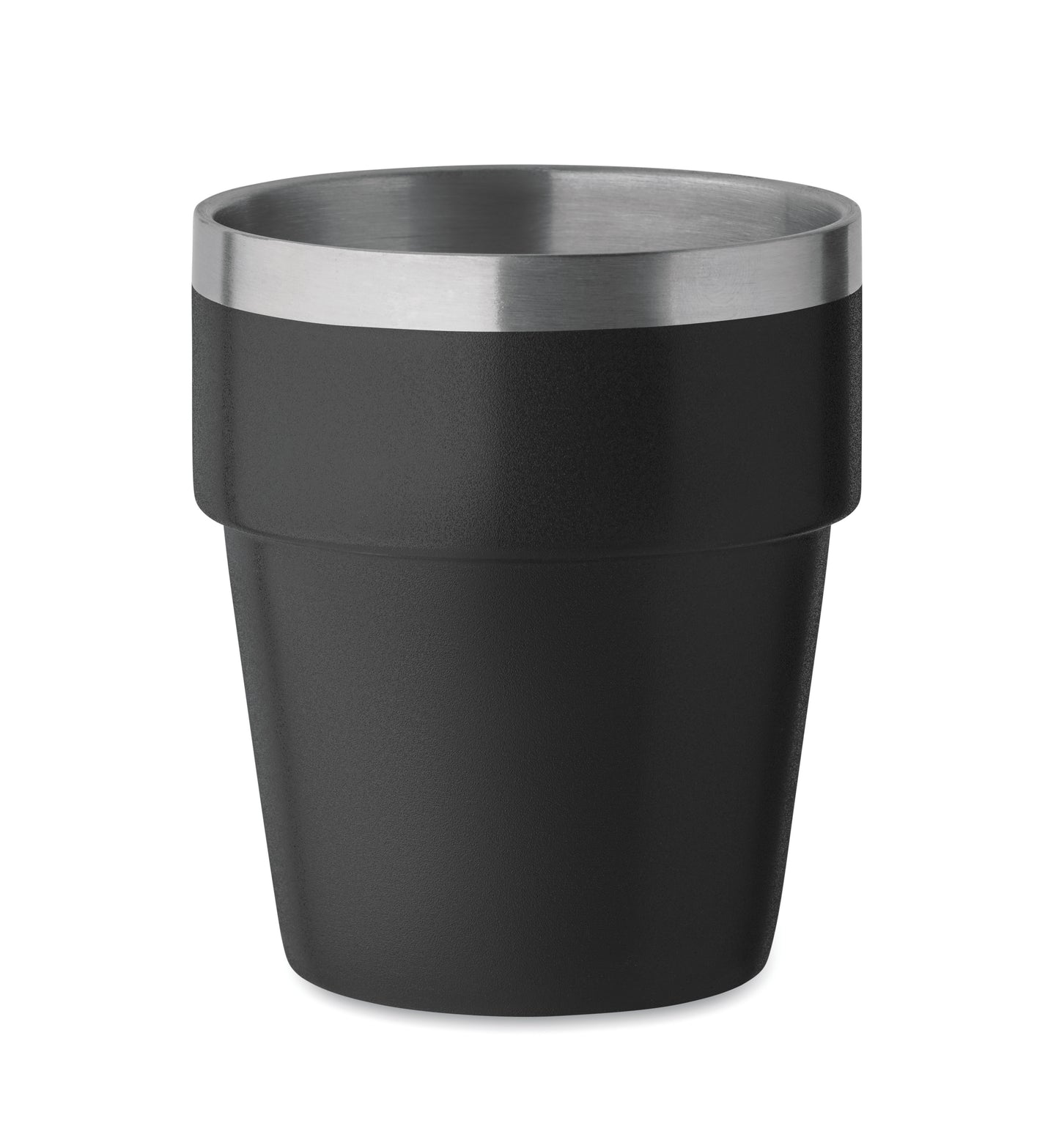 Doppelwandiger Becher aus recyceltem Edelstahl (90% recycelter Edelstahl und 10% Edelstahl). Stapelbar.