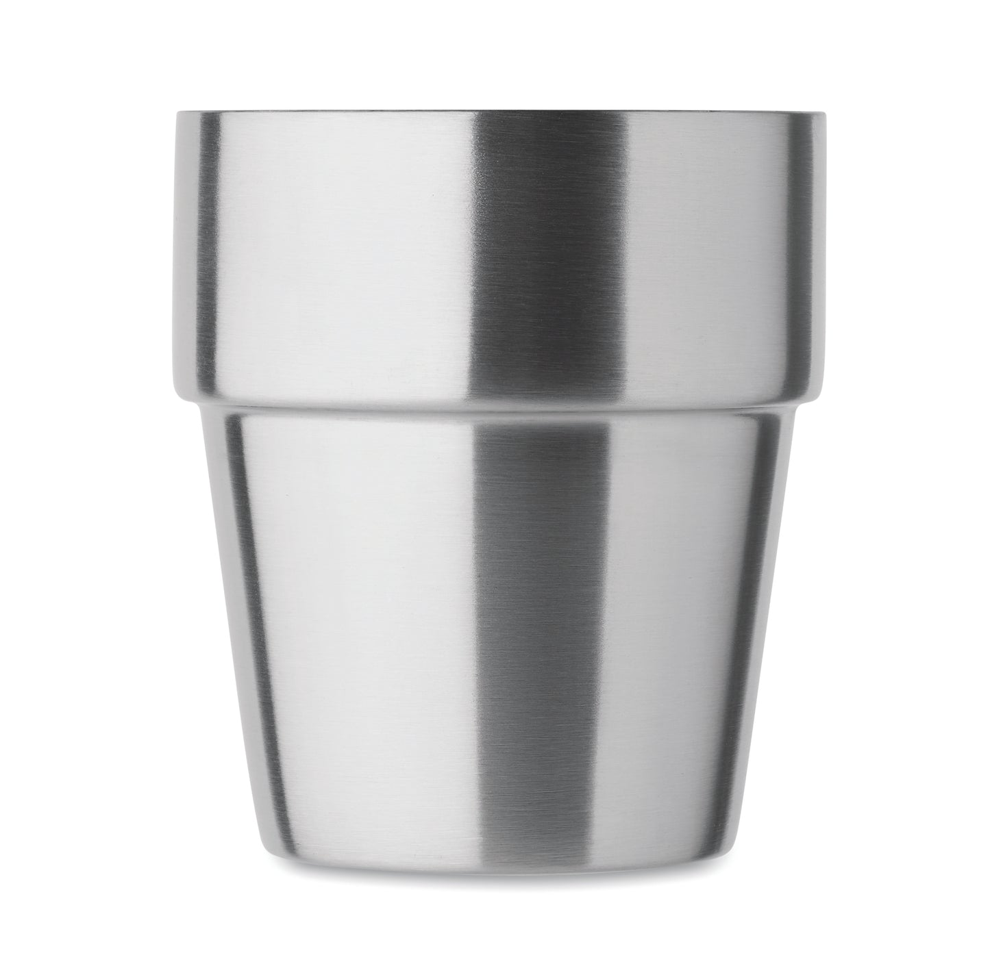 Doppelwandiger Becher aus recyceltem Edelstahl (90% recycelter Edelstahl und 10% Edelstahl). Stapelbar.