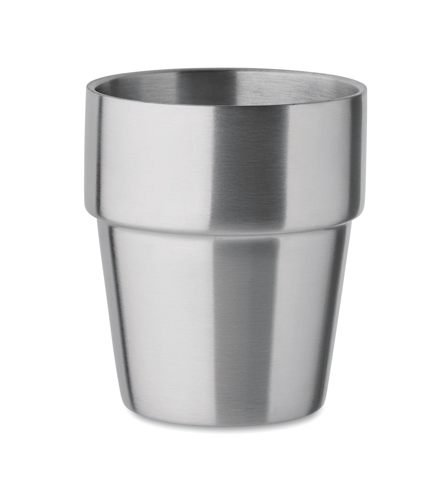 Doppelwandiger Becher aus recyceltem Edelstahl (90% recycelter Edelstahl und 10% Edelstahl). Stapelbar.