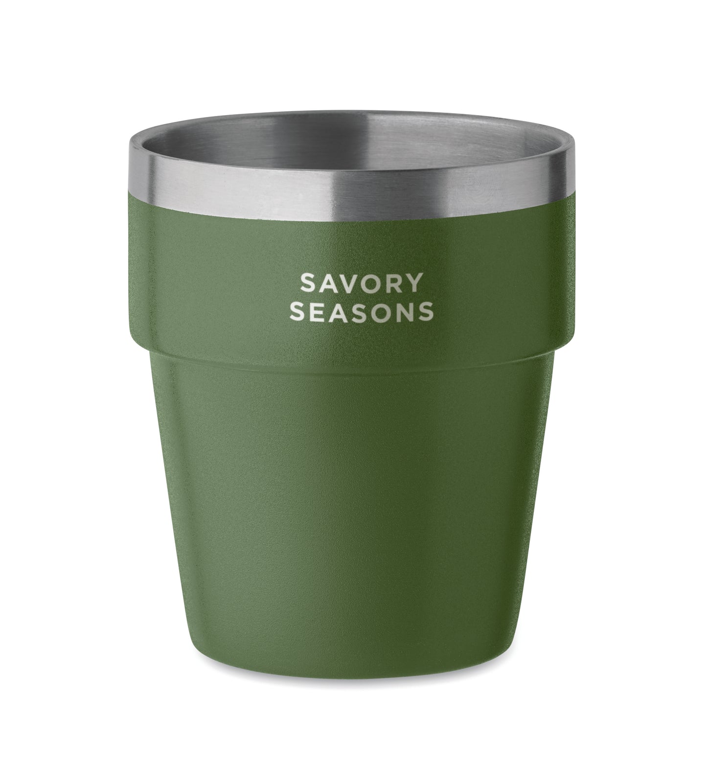 Doppelwandiger Becher aus recyceltem Edelstahl (90% recycelter Edelstahl und 10% Edelstahl). Stapelbar.