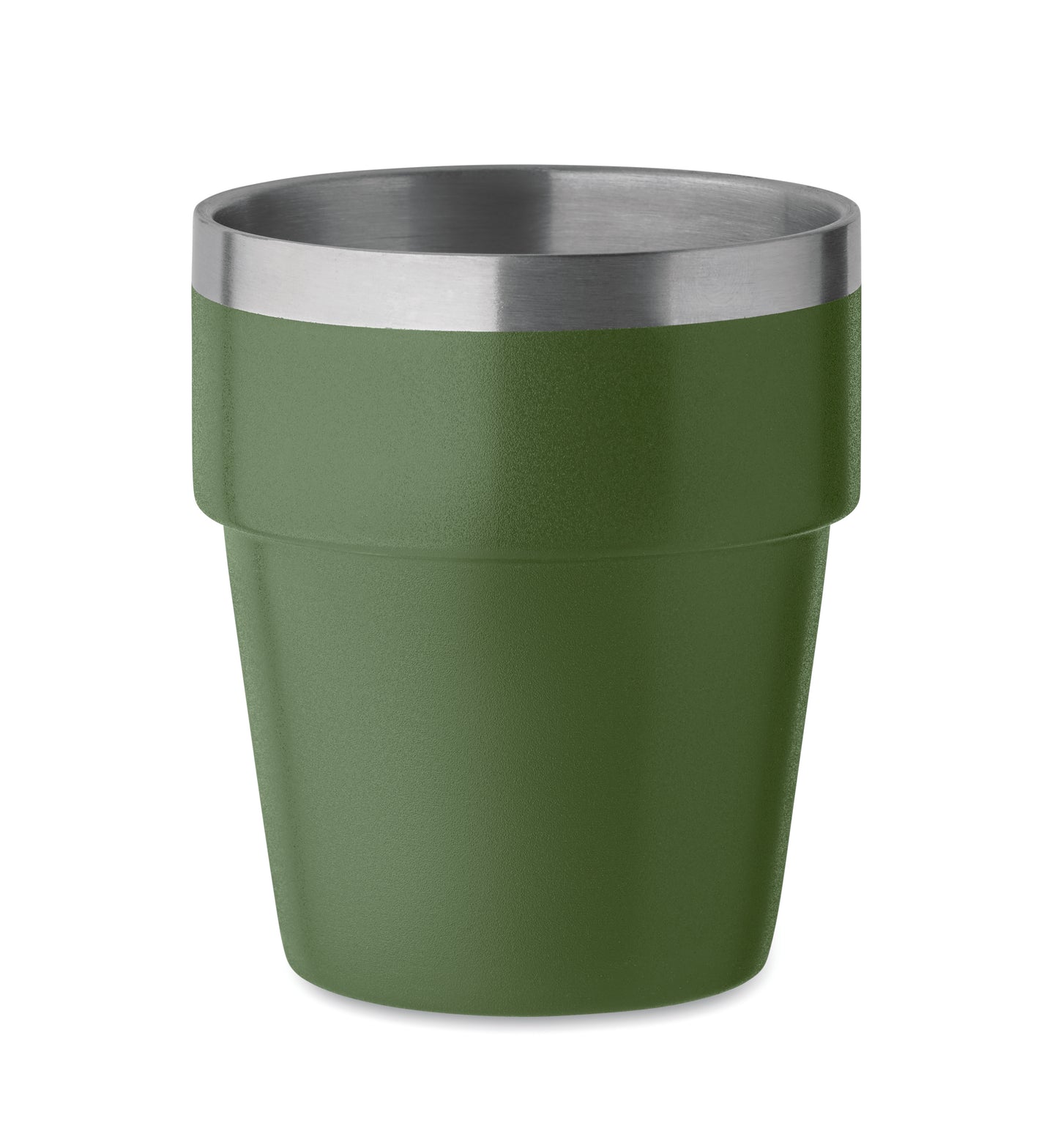 Doppelwandiger Becher aus recyceltem Edelstahl (90% recycelter Edelstahl und 10% Edelstahl). Stapelbar.