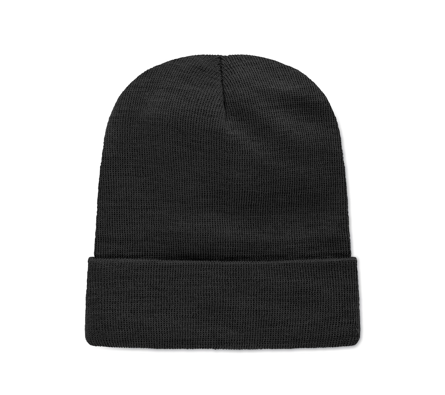 Beanie aus softem elastischem RPET-Polyester. Mit Umschlag und Aufnäher. Unisex.