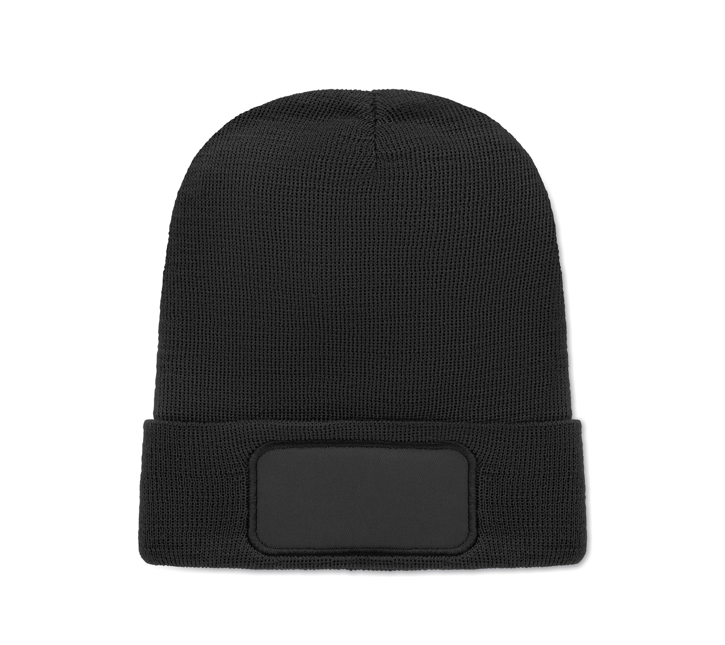 Beanie aus softem elastischem RPET-Polyester. Mit Umschlag und Aufnäher. Unisex.