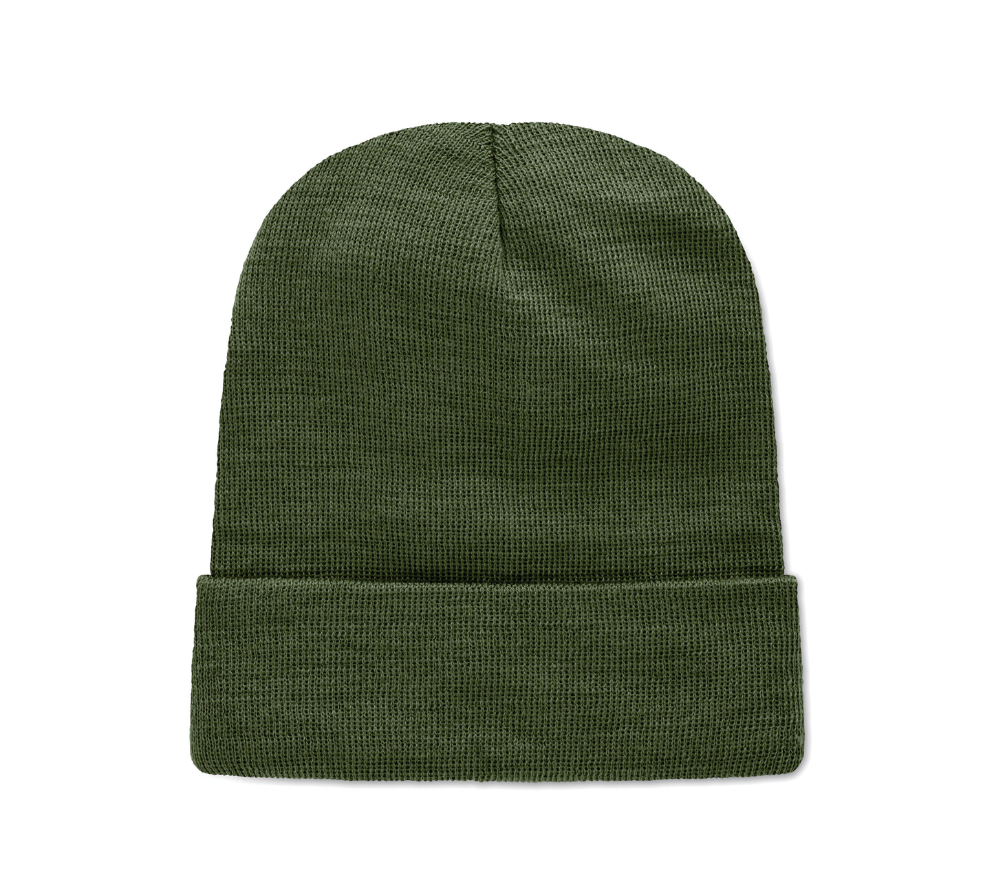 Beanie aus softem elastischem RPET-Polyester. Mit Umschlag und Aufnäher. Unisex.