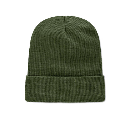 Beanie aus softem elastischem RPET-Polyester. Mit Umschlag und Aufnäher. Unisex.