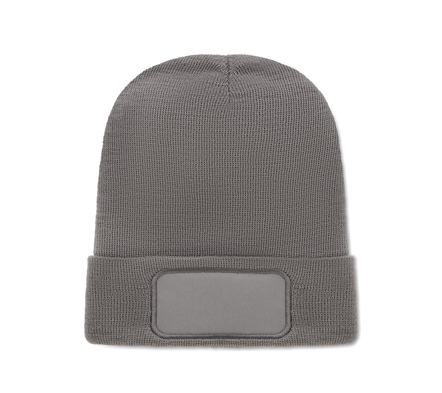 Beanie aus softem elastischem RPET-Polyester. Mit Umschlag und Aufnäher. Unisex.