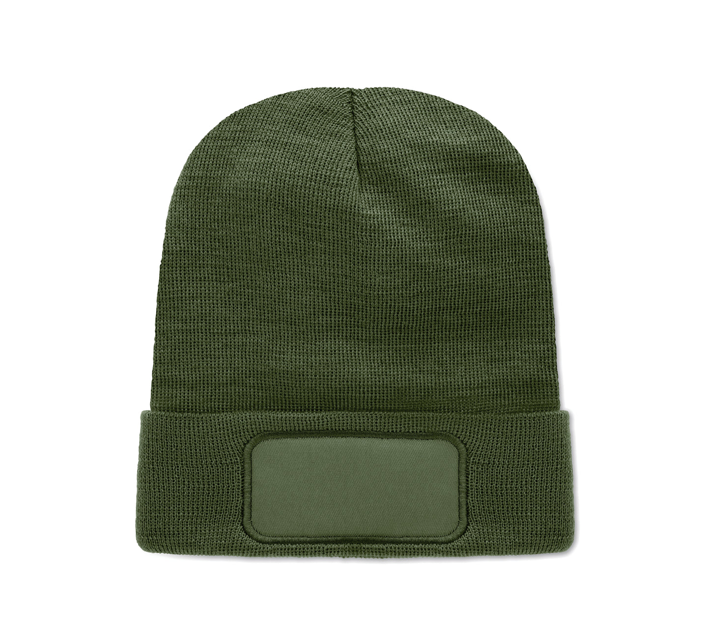 Beanie aus softem elastischem RPET-Polyester. Mit Umschlag und Aufnäher. Unisex.