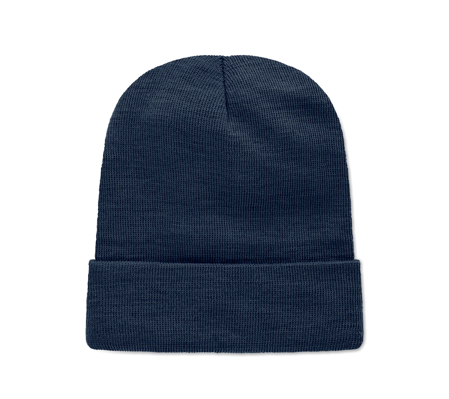Beanie aus softem elastischem RPET-Polyester. Mit Umschlag und Aufnäher. Unisex.