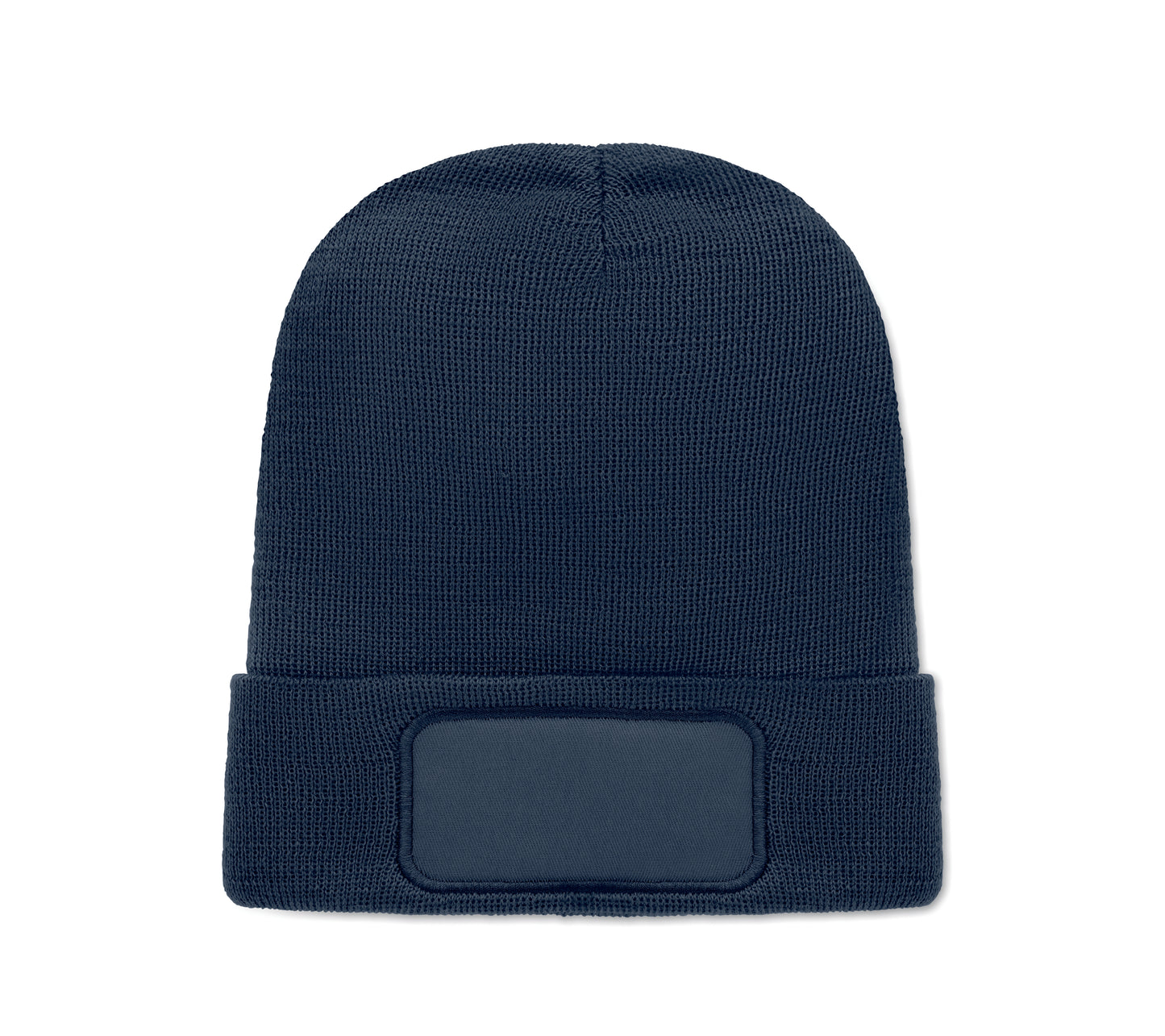 Beanie aus softem elastischem RPET-Polyester. Mit Umschlag und Aufnäher. Unisex.