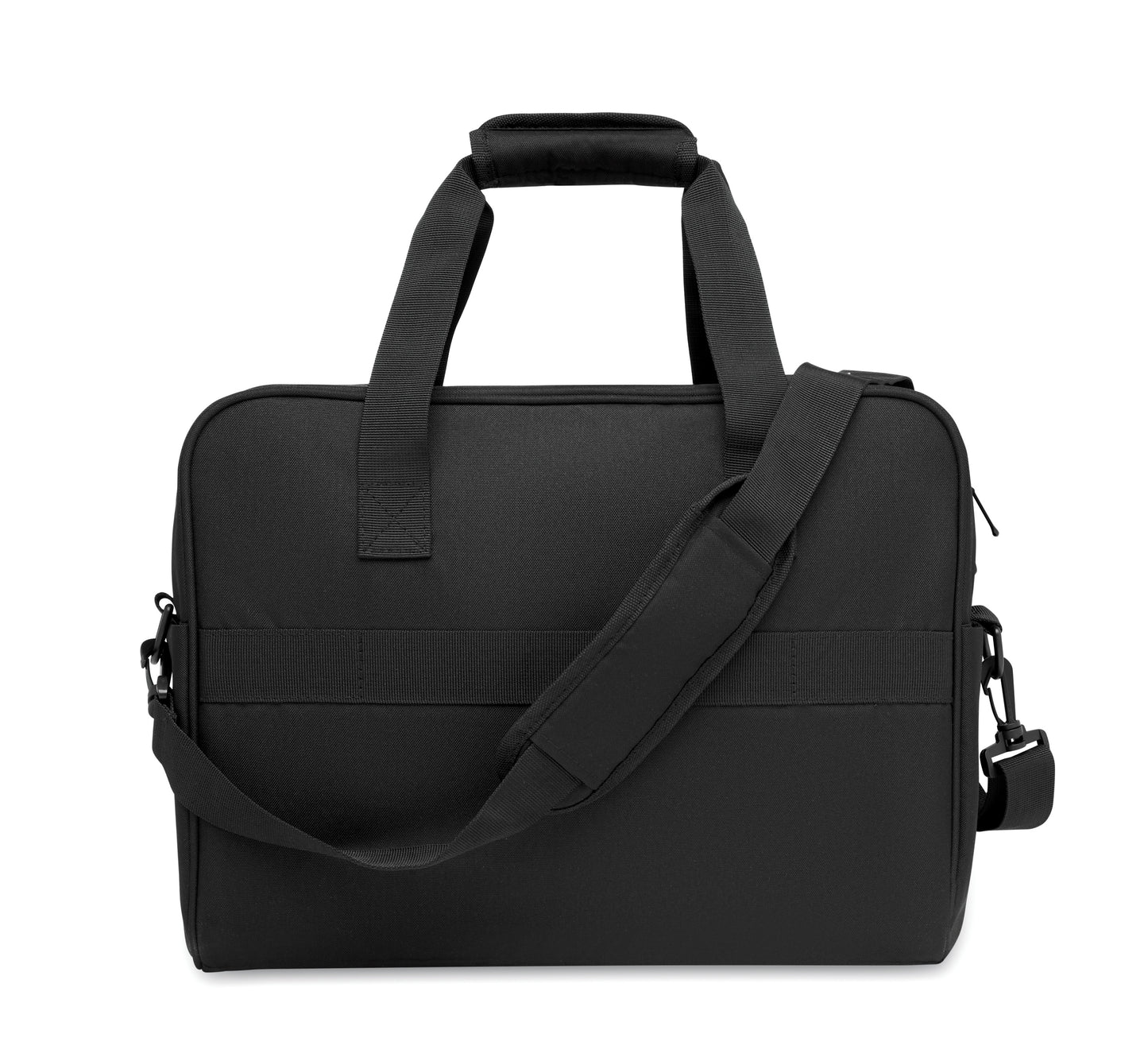 Handgepäck-Reisetasche aus 600D RPET. Große Fronttasche mit Reißverschluss und zwei kleine Seitentaschen.