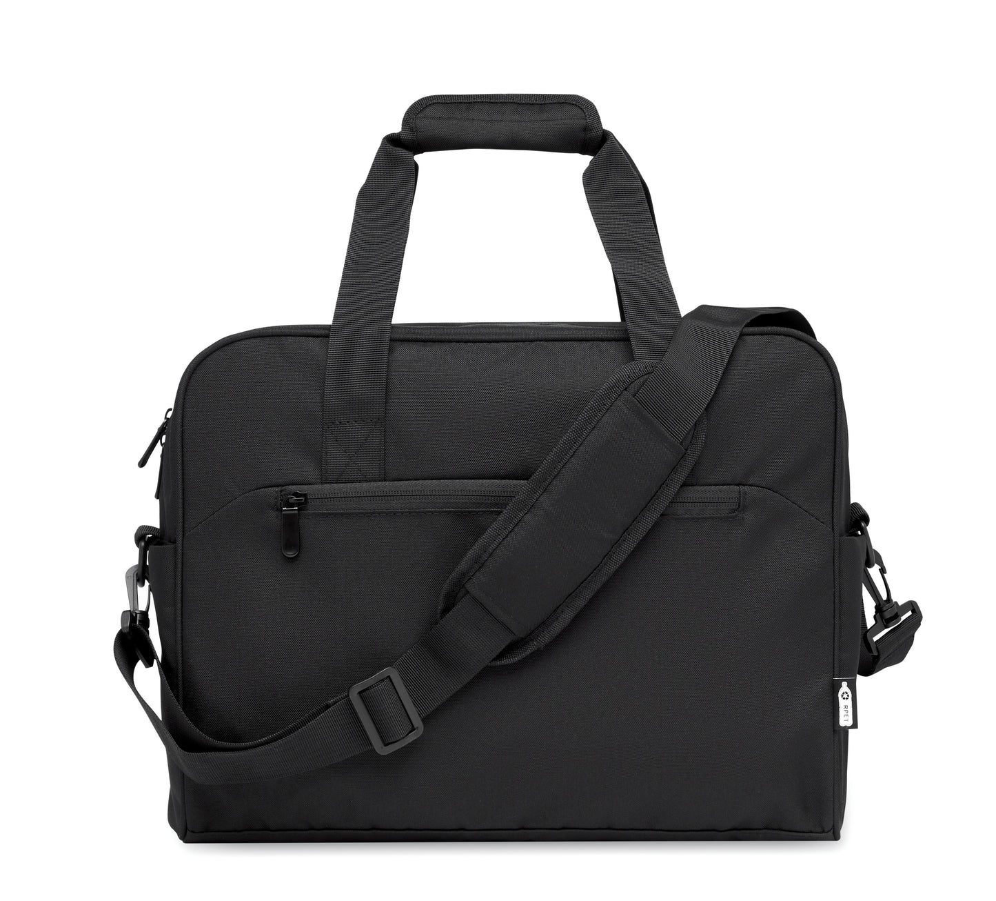 Handgepäck-Reisetasche aus 600D RPET. Große Fronttasche mit Reißverschluss und zwei kleine Seitentaschen.