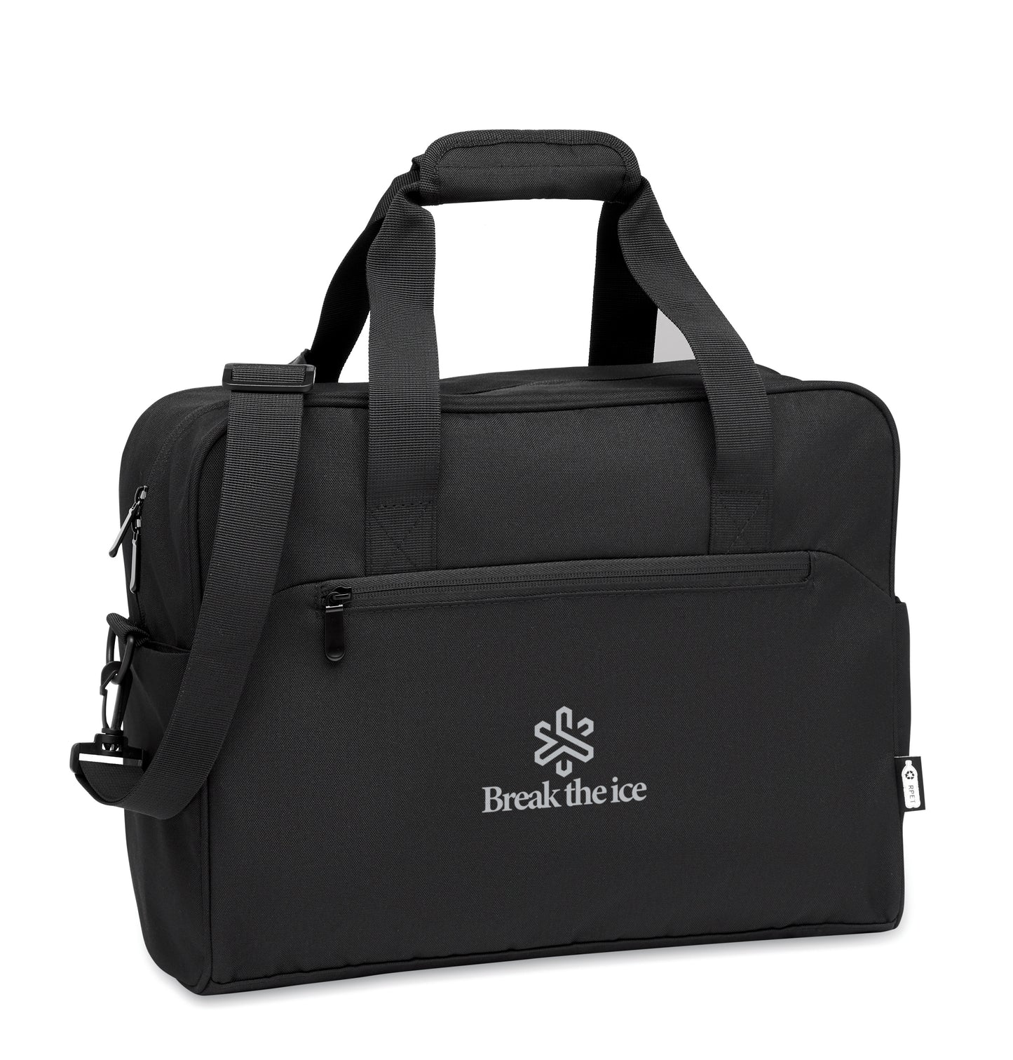 Handgepäck-Reisetasche aus 600D RPET. Große Fronttasche mit Reißverschluss und zwei kleine Seitentaschen.