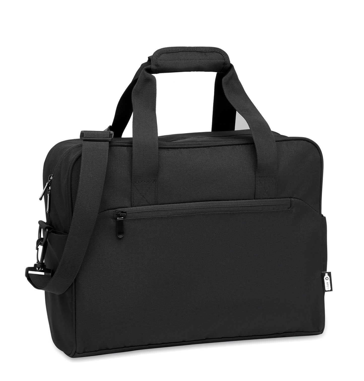 Handgepäck-Reisetasche aus 600D RPET. Große Fronttasche mit Reißverschluss und zwei kleine Seitentaschen.