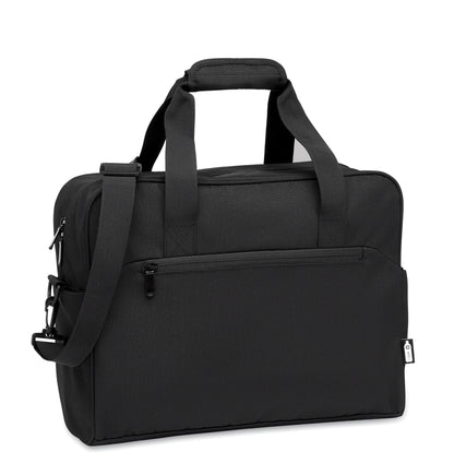 Handgepäck-Reisetasche aus 600D RPET. Große Fronttasche mit Reißverschluss und zwei kleine Seitentaschen.