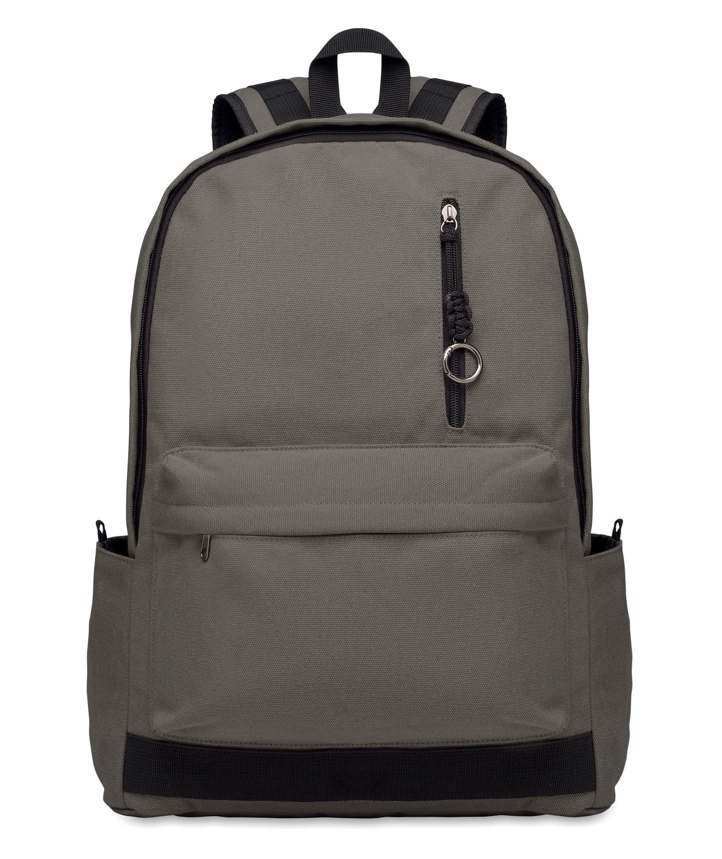 15" Laptop-Rucksack aus recycelter Pre-Consumer-Baumwolle. Große Fronttasche mit Reißverschluss und Laptop-Innenfach. Kleine