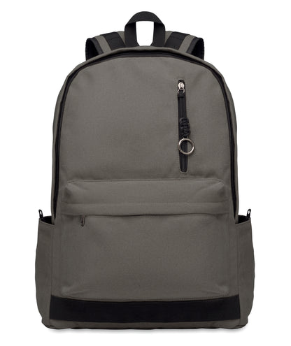 15" Laptop-Rucksack aus recycelter Pre-Consumer-Baumwolle. Große Fronttasche mit Reißverschluss und Laptop-Innenfach. Kleine