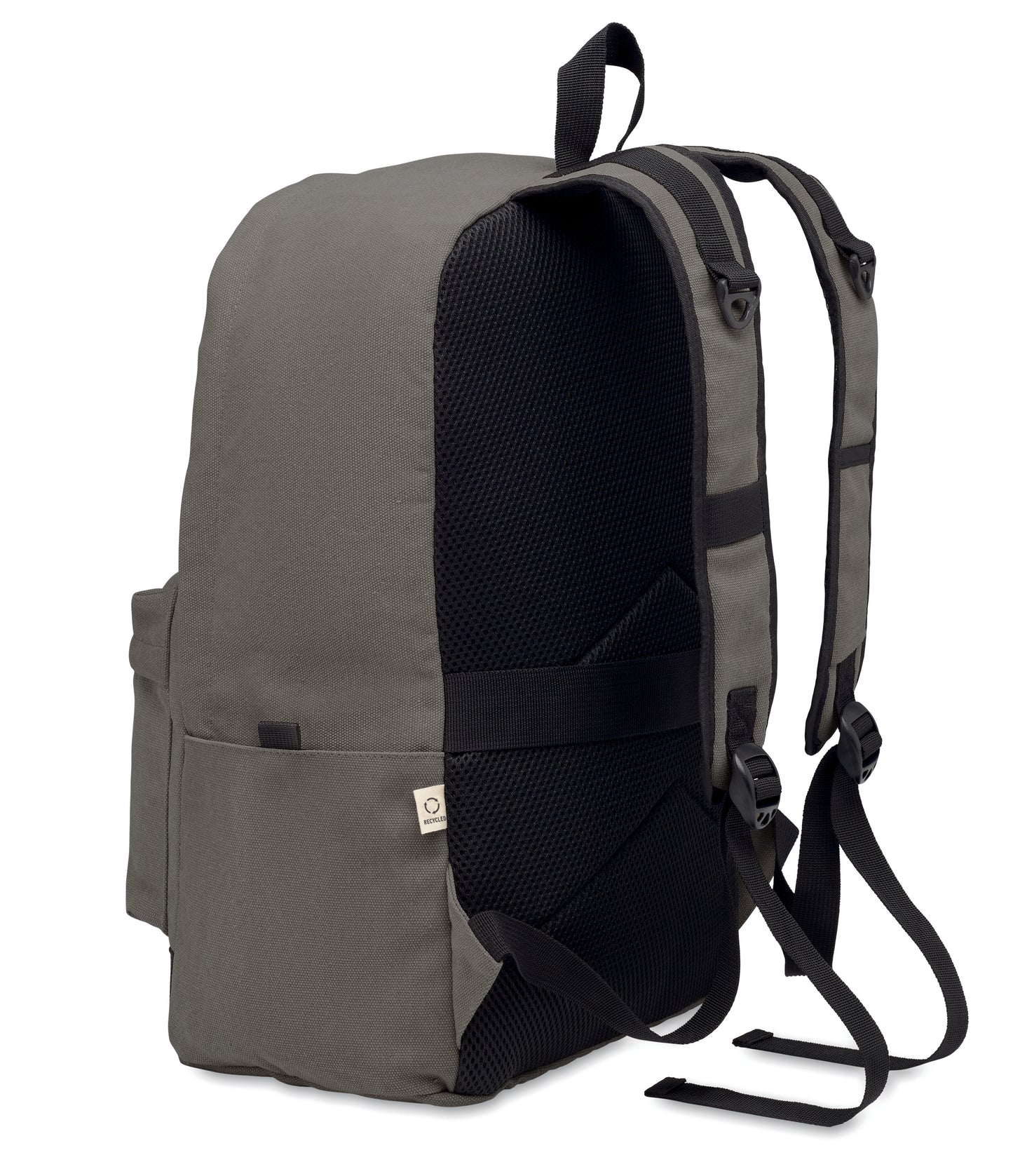15" Laptop-Rucksack aus recycelter Pre-Consumer-Baumwolle. Große Fronttasche mit Reißverschluss und Laptop-Innenfach. Kleine