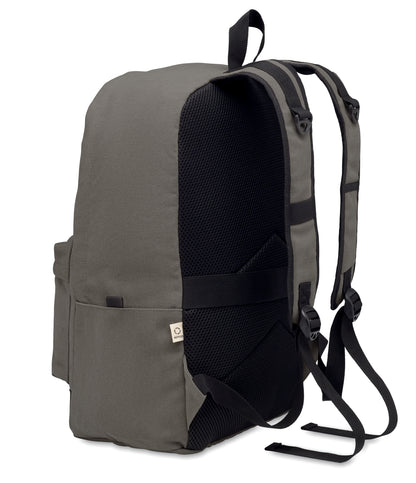 15" Laptop-Rucksack aus recycelter Pre-Consumer-Baumwolle. Große Fronttasche mit Reißverschluss und Laptop-Innenfach. Kleine