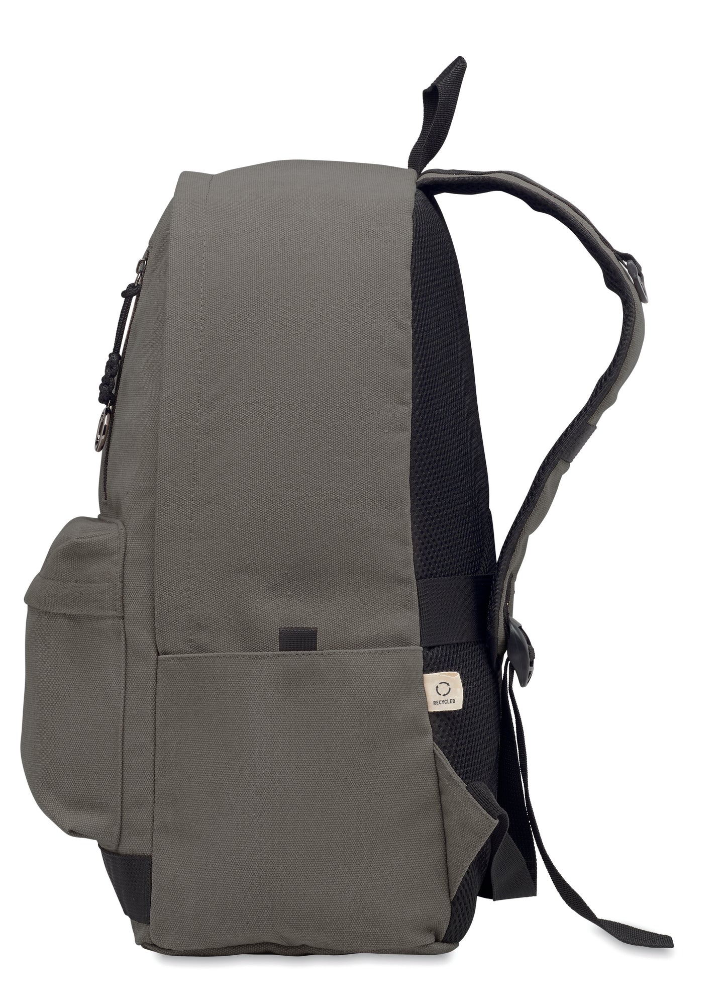 15" Laptop-Rucksack aus recycelter Pre-Consumer-Baumwolle. Große Fronttasche mit Reißverschluss und Laptop-Innenfach. Kleine