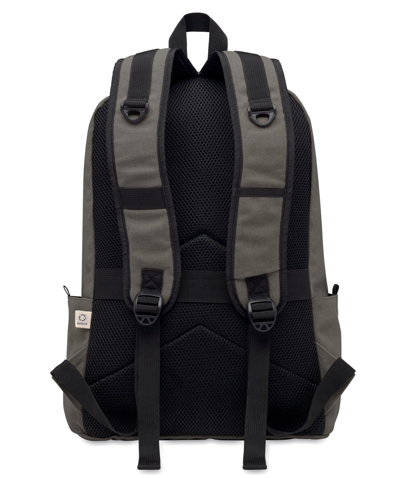 15" Laptop-Rucksack aus recycelter Pre-Consumer-Baumwolle. Große Fronttasche mit Reißverschluss und Laptop-Innenfach. Kleine