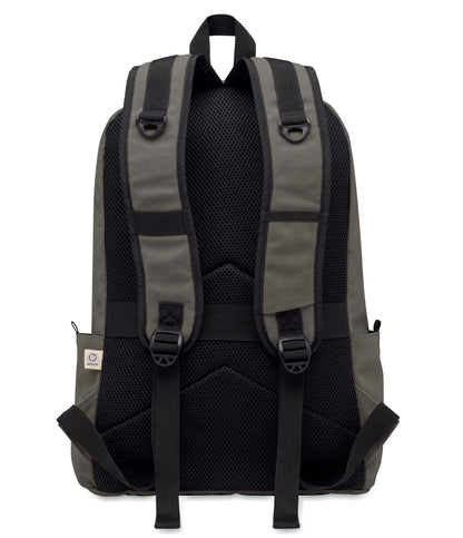 15" Laptop-Rucksack aus recycelter Pre-Consumer-Baumwolle. Große Fronttasche mit Reißverschluss und Laptop-Innenfach. Kleine